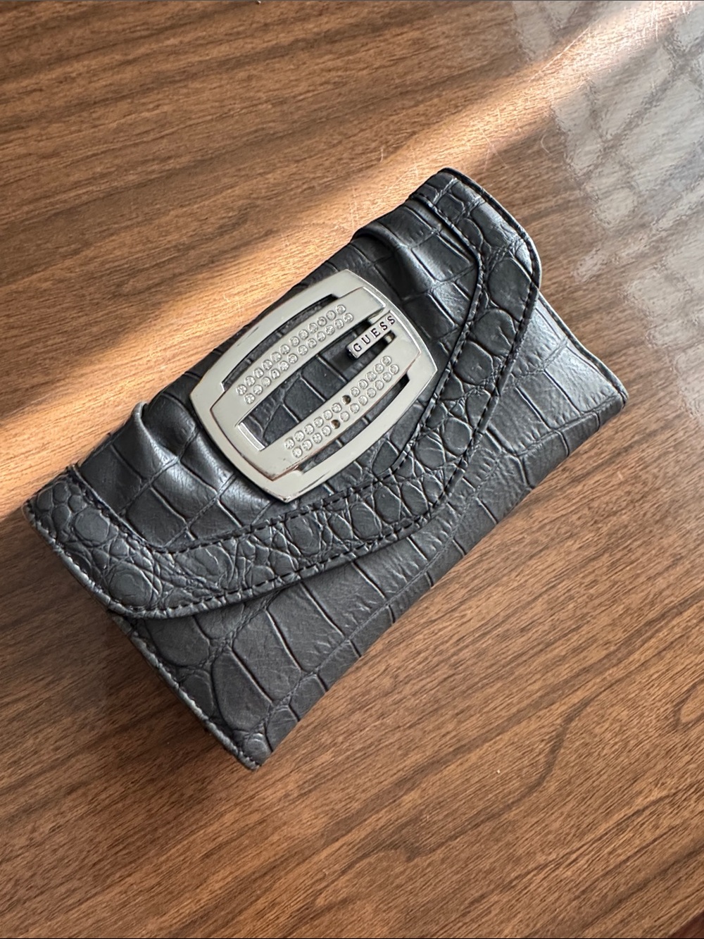 Guess Croc-Embossed Wallet with Rhinestone Buckle